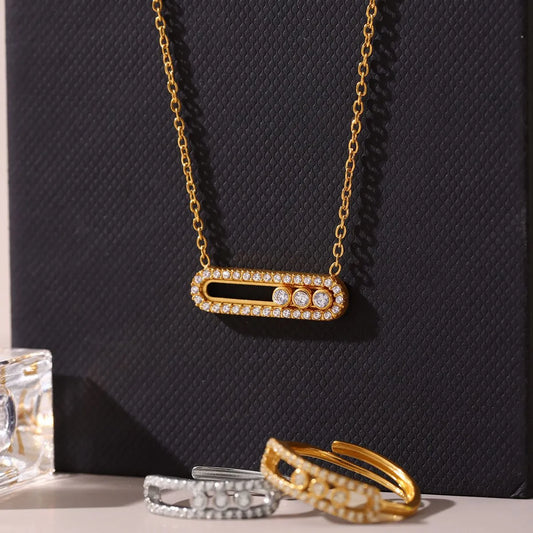 Moving Crystal Bar Necklace and Ring Set in Gold - women's necklace