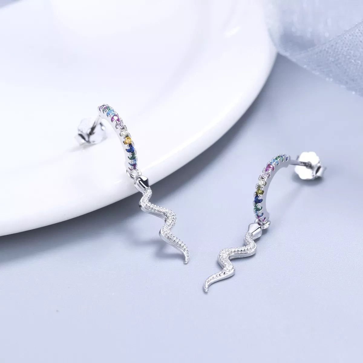 Sterling Silver Rainbow Zircon Geometric Earrings - alternate earring view