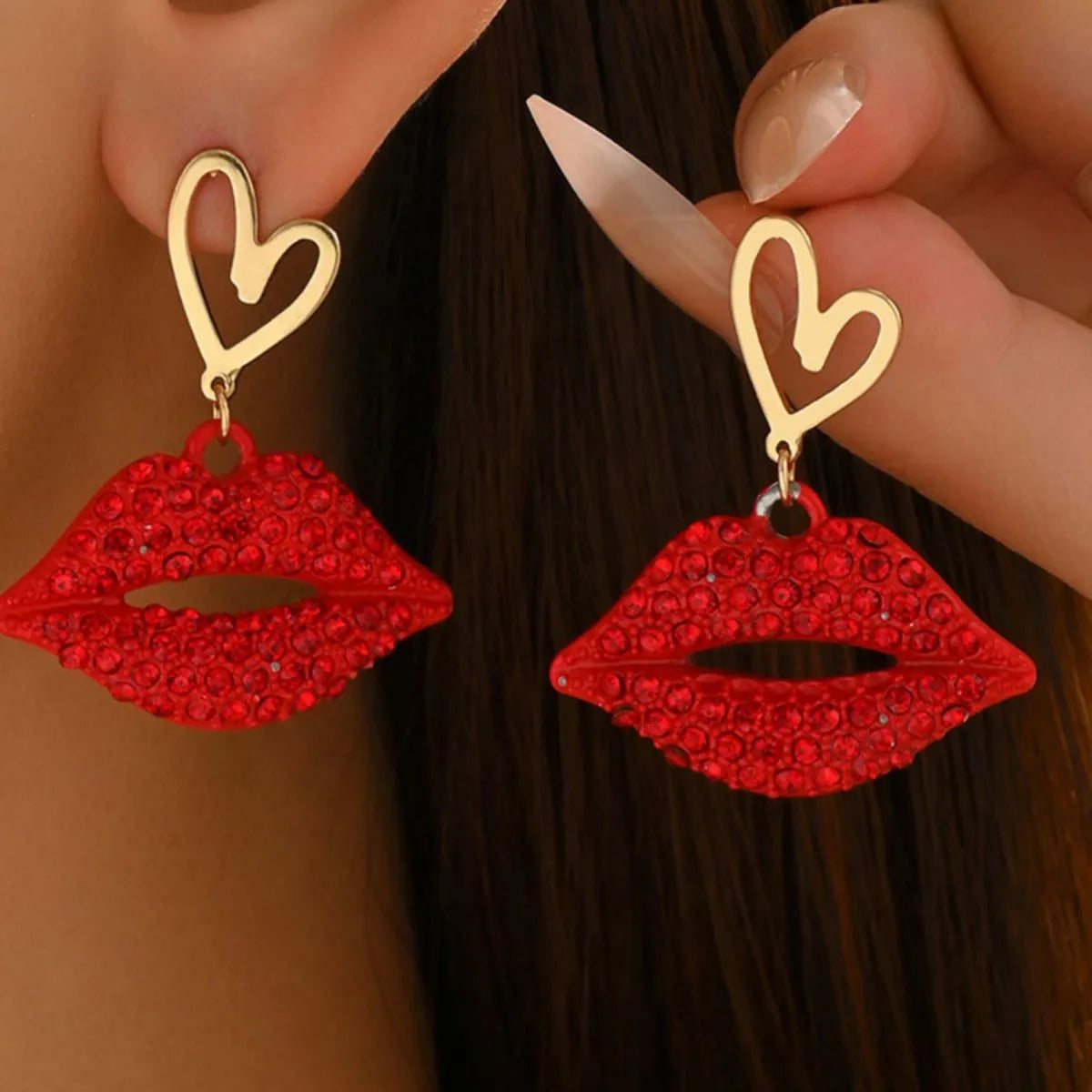 18K Gold-Plated Rhinestone Lips Heart Dangle Earrings in Gold - women's dangle earrings