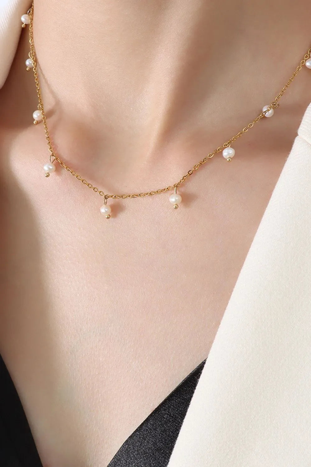 18K Gold-Plated Titanium Steel Pearl Necklace - alternate necklace view