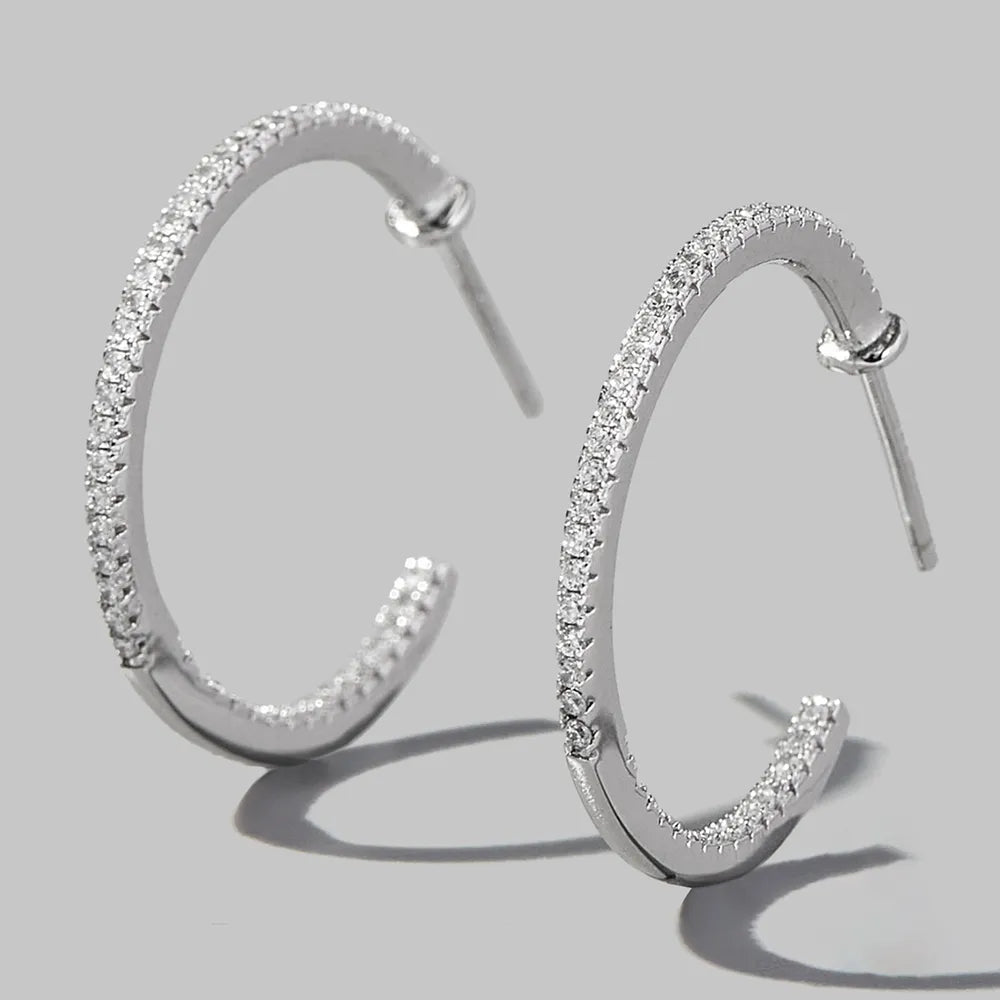 Zircon Sterling Silver C-Hoop Earrings in Silver - women's hoop earrings