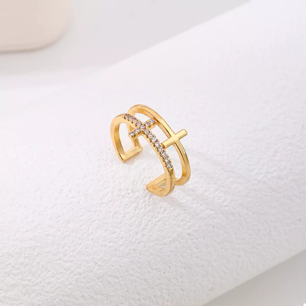 18K Gold-Plated Rhinestone Cross Open Ring - alternate ring view