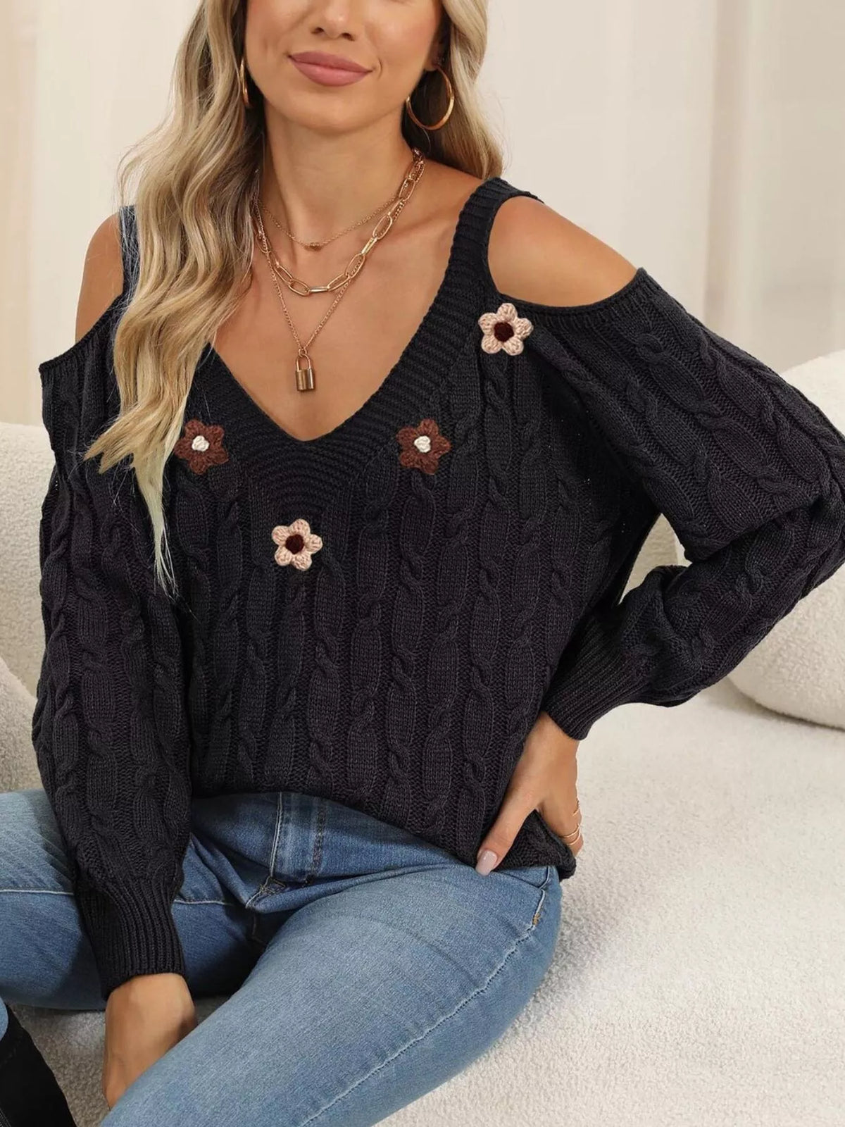 Floral Applique Cold Shoulder Cable-Knit Sweater in Black - women's sweater
