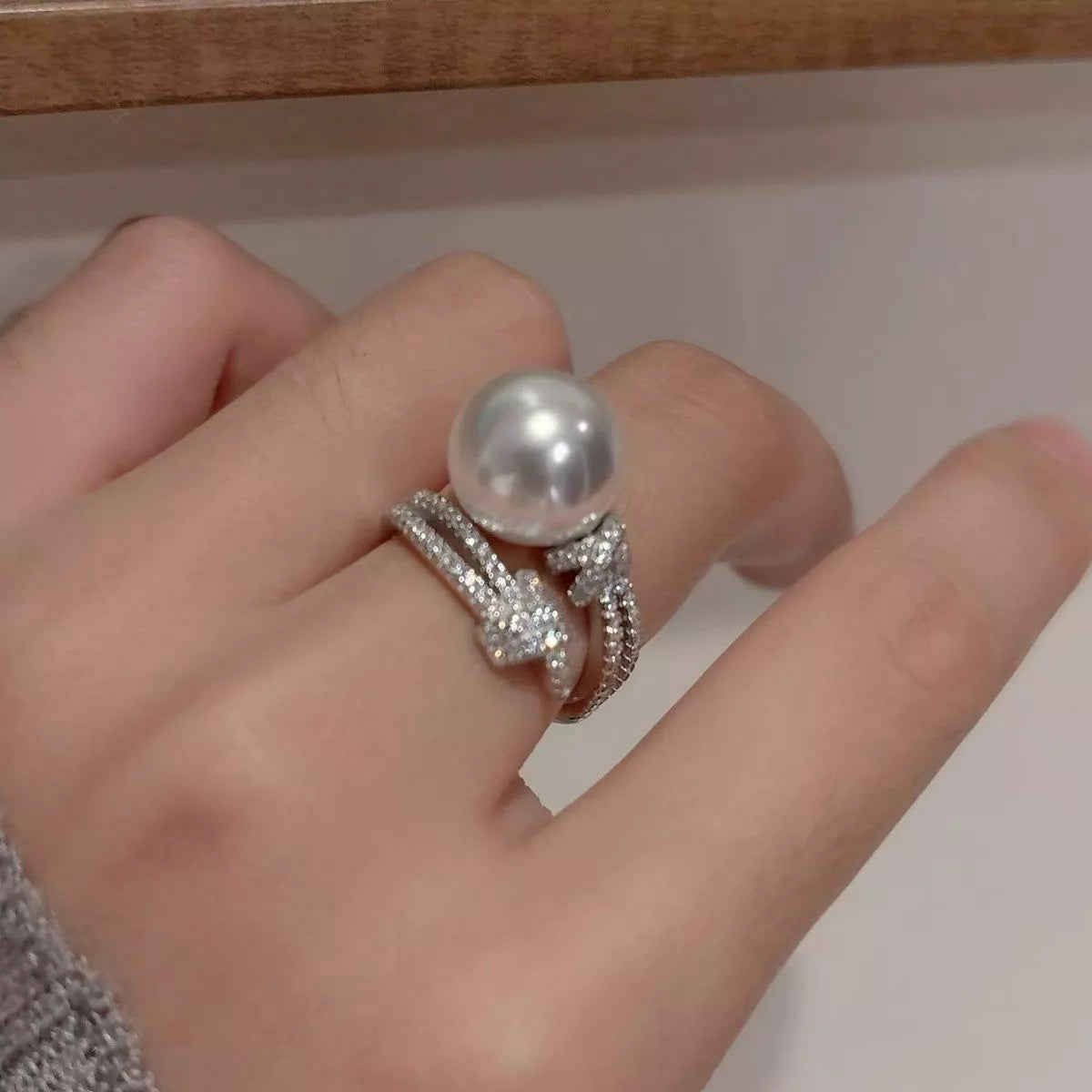 Pearl Zircon Bypass Ring - alternate ring view