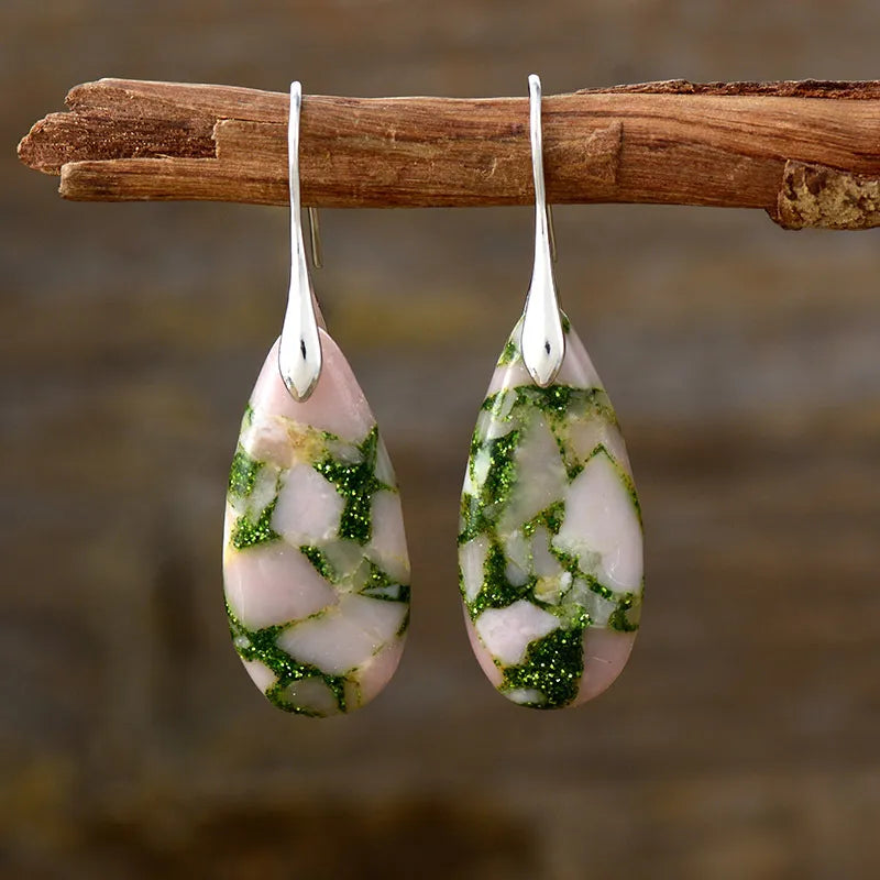 Teardrop Shape Natural Stone Dangle Earrings in Pink Green/Silver - women's dangle earrings
