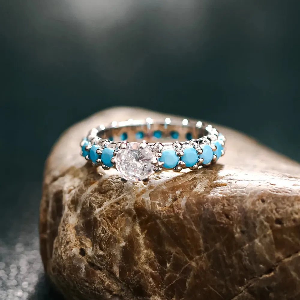 Inlaid Artificial Turquoise Zircon Sterling Silver Ring in Silver - women's ring