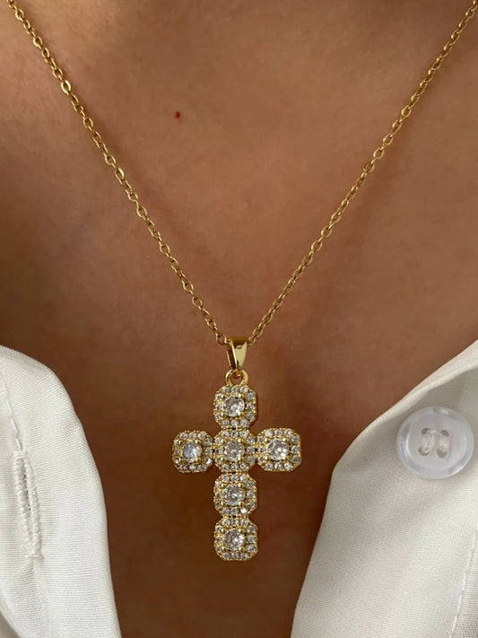 Stainless Steel Inlaid Zircon Cross Necklace - alternate necklace view