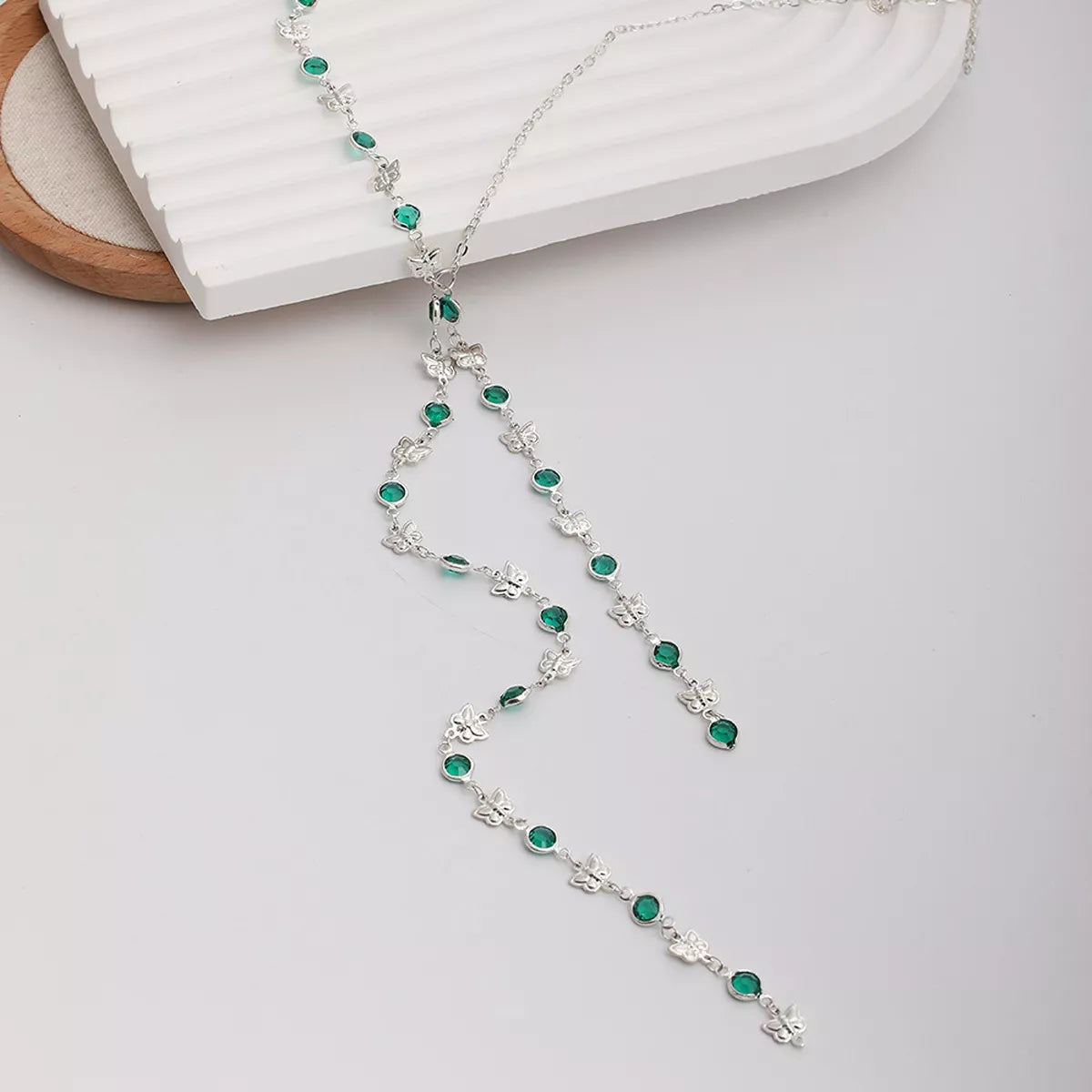 Rhinestone Butterfly Tassel Y‑Shape Lariat Necklace - alternate necklace view