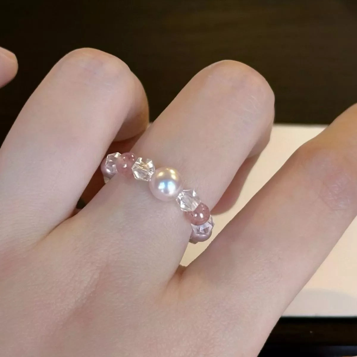Pearl Crystal Bead Ring - alternate ring view