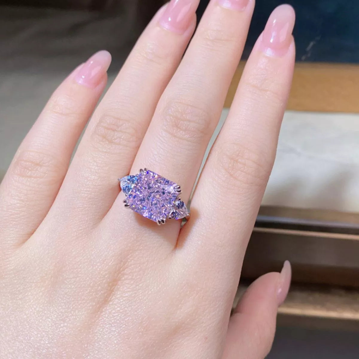 Sterling Silver Zircon Geometric Ring in Pink Purple - women's ring