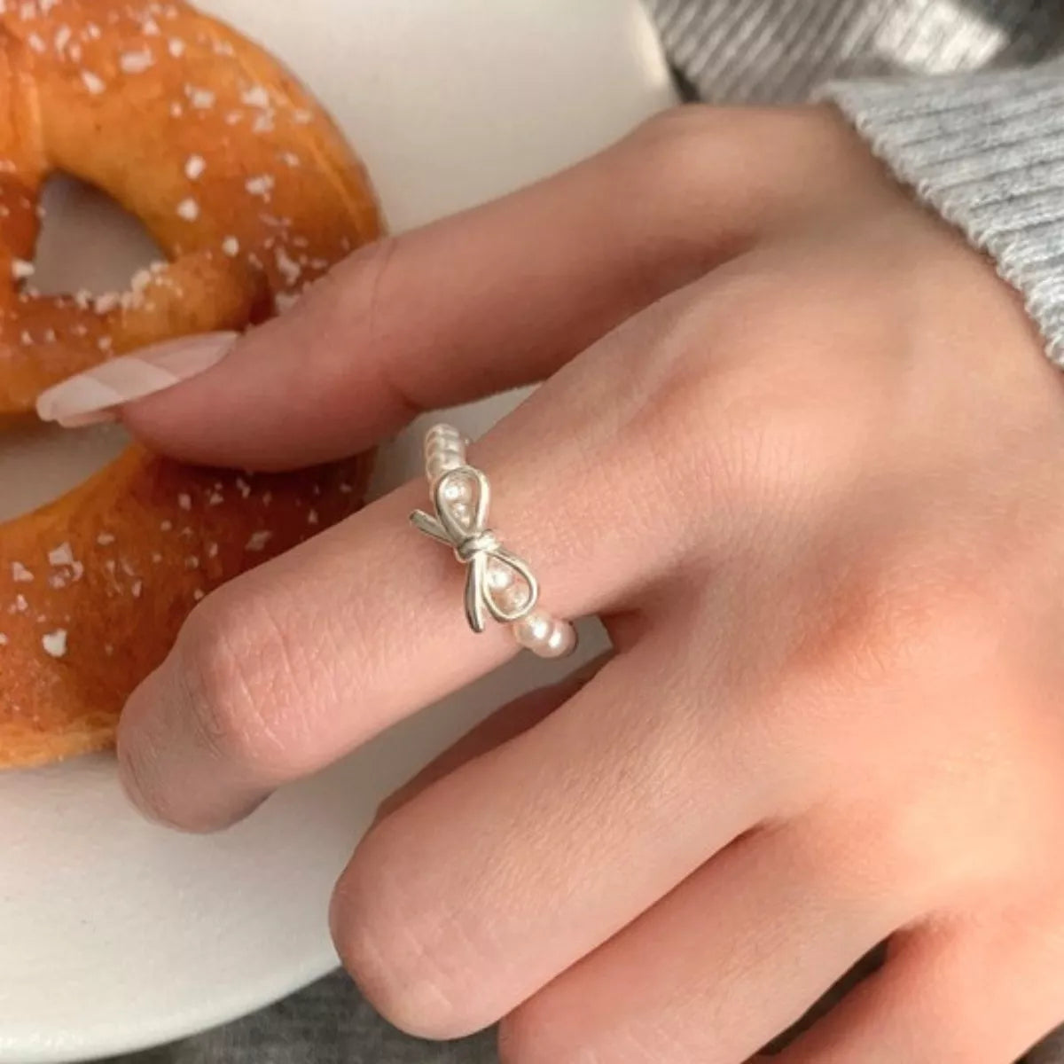 Bow Pearl Beaded Ring - alternate ring view