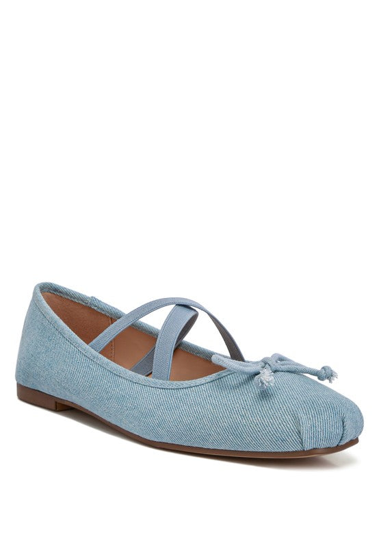 Criss Cross Strap Ballet Flats made with denim fabric and TPR outer sole, featuring a closed round toe and criss cross strap detail for added style. Light cushion insoles and a front bow embellishment provide both comfort and chic elegance. Slip them on for an effortless, fashionable look. Free shipping on all orders. Shop now!