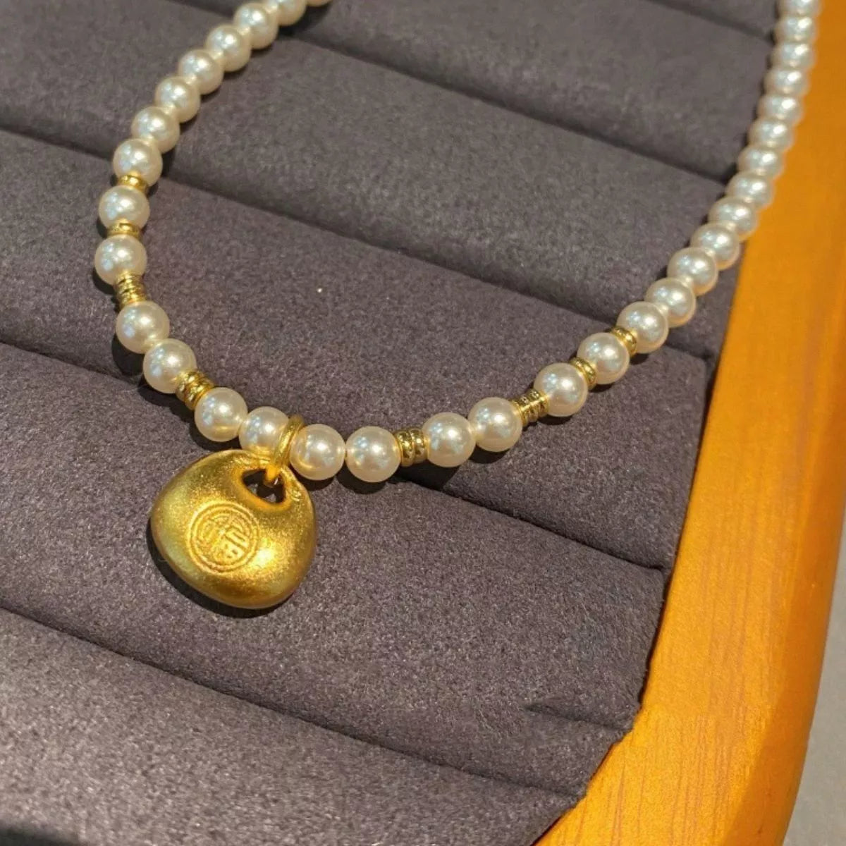 Pearl Necklace with Golden Pendant - alternate necklace view