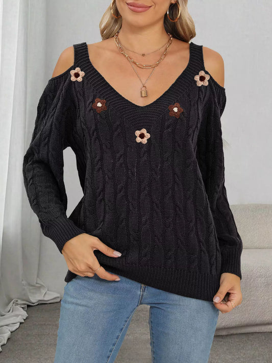 Floral Applique Cold Shoulder Cable-Knit Sweater in Black - women's sweater