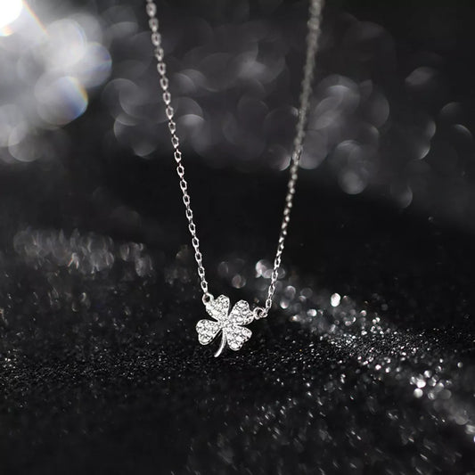 Sterling Silver Zircon Four Leaf Clover Necklace in Silver - women's necklace