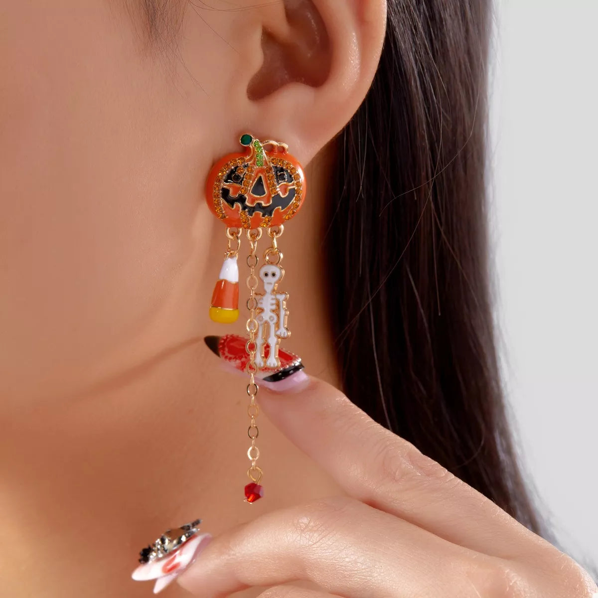 Halloween Pumpkin Drop Chain Earrings - alternate earring view