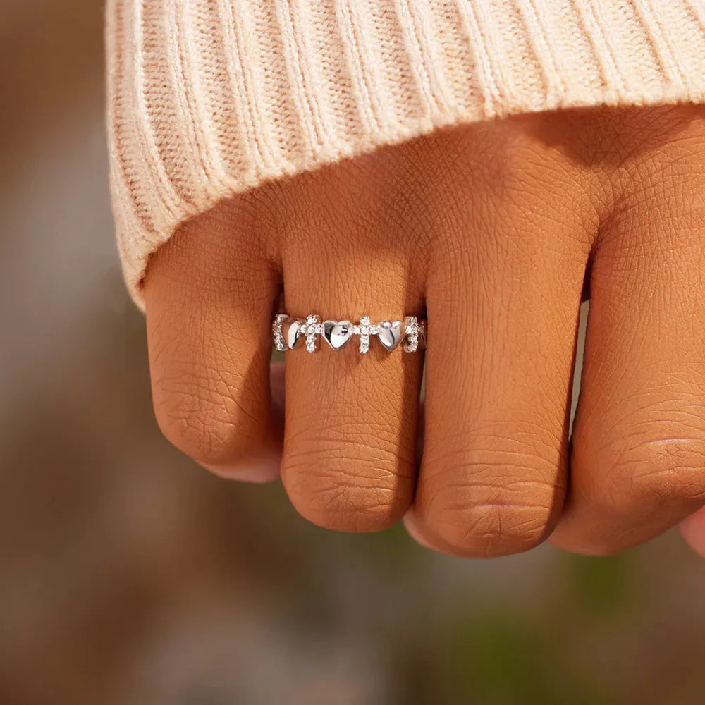 Heart Cross Sterling Silver Ring in Silver - women's ring
