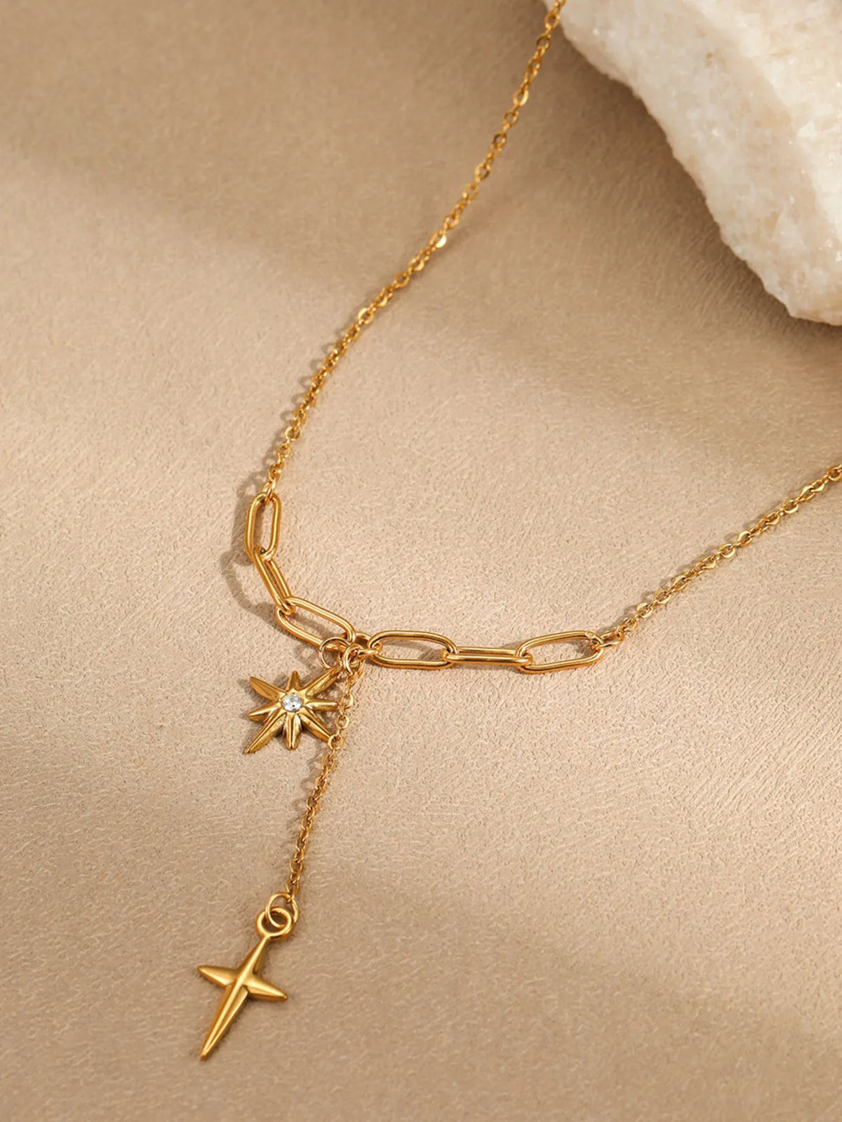 18K Gold-Plated Star Cross Pendant Necklace - alternate necklace view