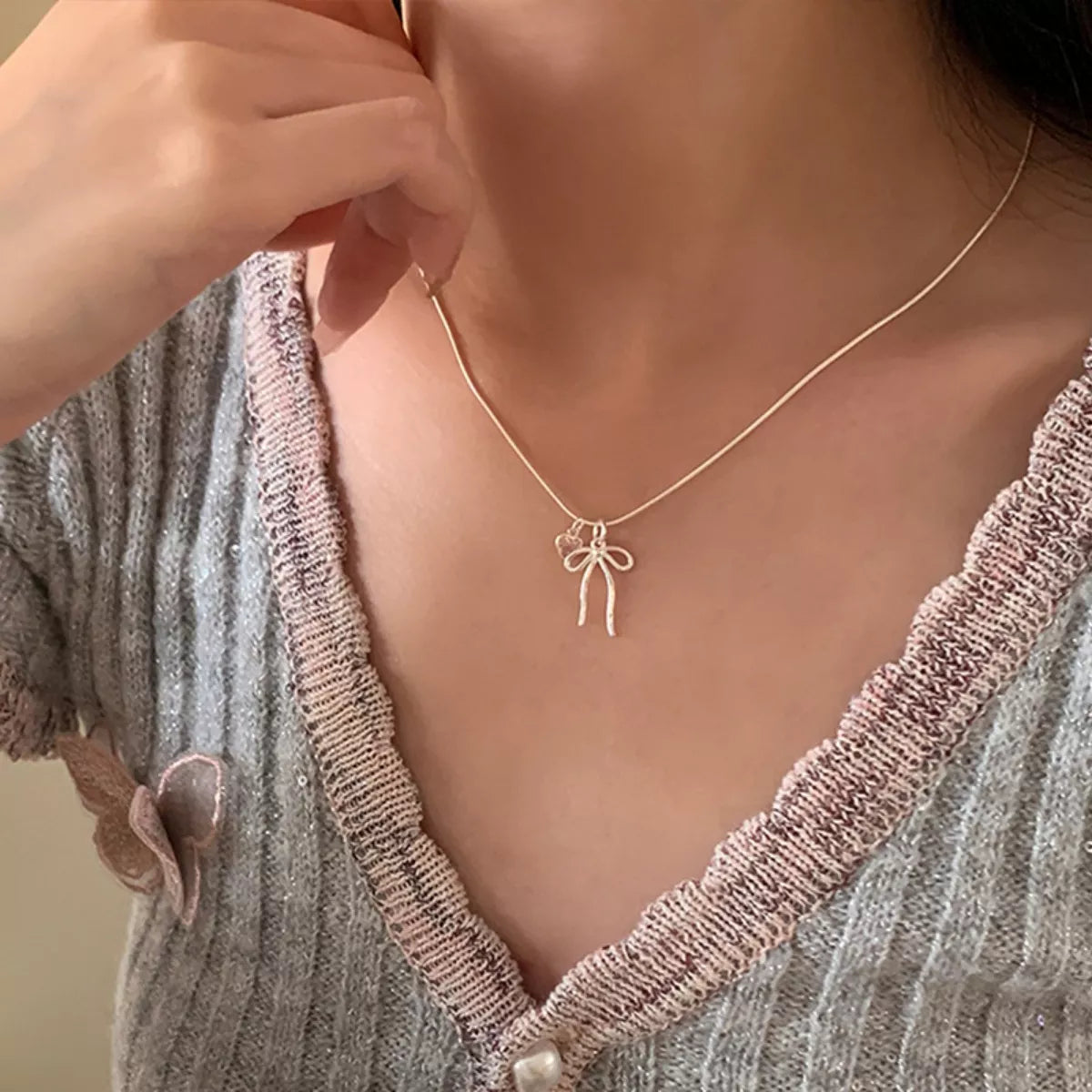 Bow & Heart Pendant Necklace - alternate necklace view