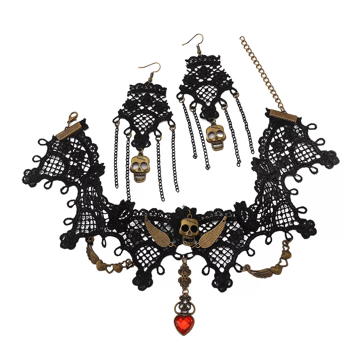 Halloween Lace Skull Necklace and Earrings Set - alternate necklace view