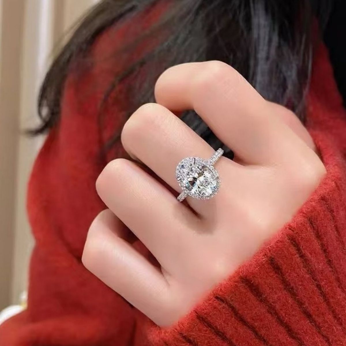 2 Carat Moissanite Sterling Silver Oval Ring - alternate ring view