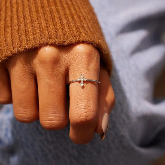 Sterling Silver Zircon Cross Ring in Silver - women's ring