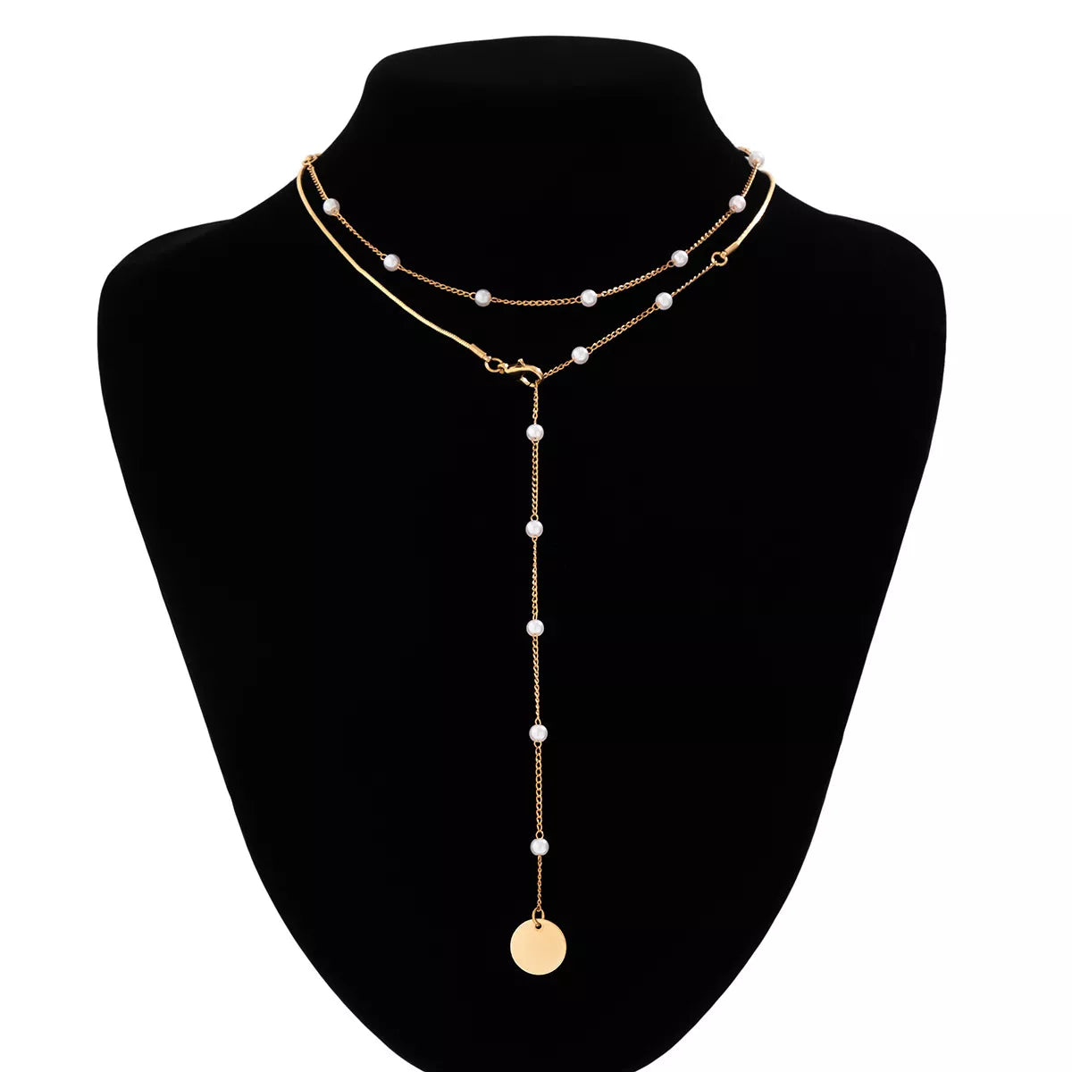 Elegant Gold-Tone Pearl Station Necklace with Coin Pendant - alternate necklace view
