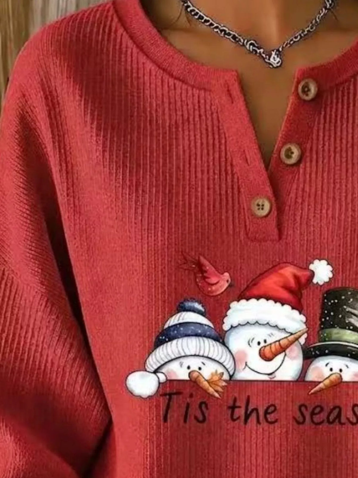 Christmas Themed Snowman Graphic Ribbed Henley Sweatshirt in Turquoise - women's sweatshirt