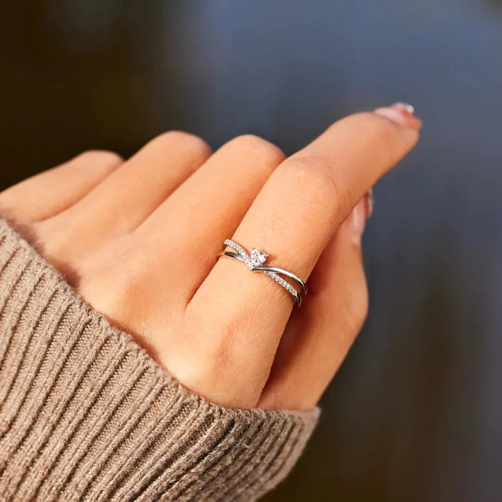 Sterling Silver Inlaid Zircon Heart Open Ring - alternate ring view