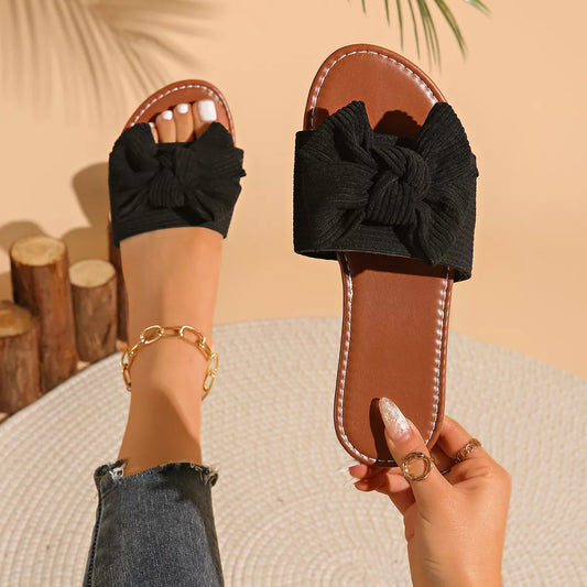 Bow Knot Decor Flat Sandals in Black - women's flat sandals