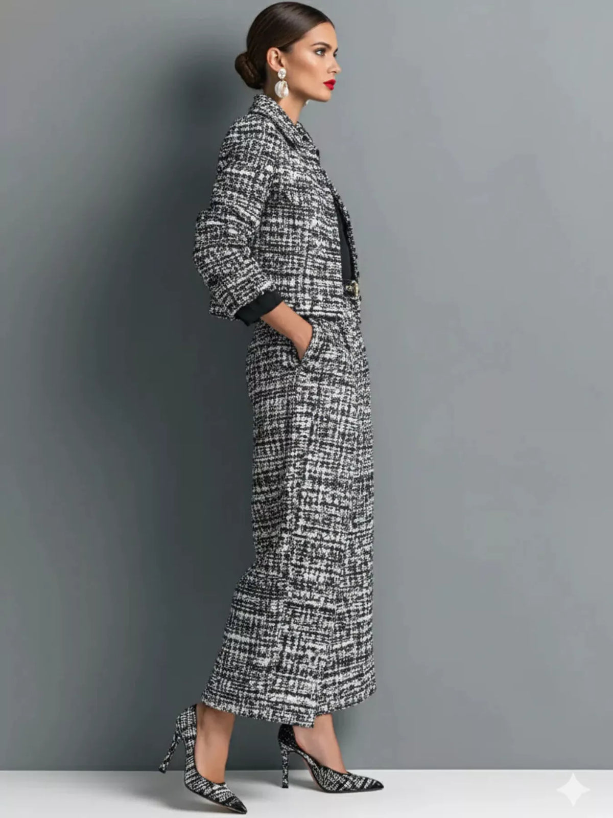 Tweed Cropped Jacket and Wide-Leg Pants Set in Black - Blossom's