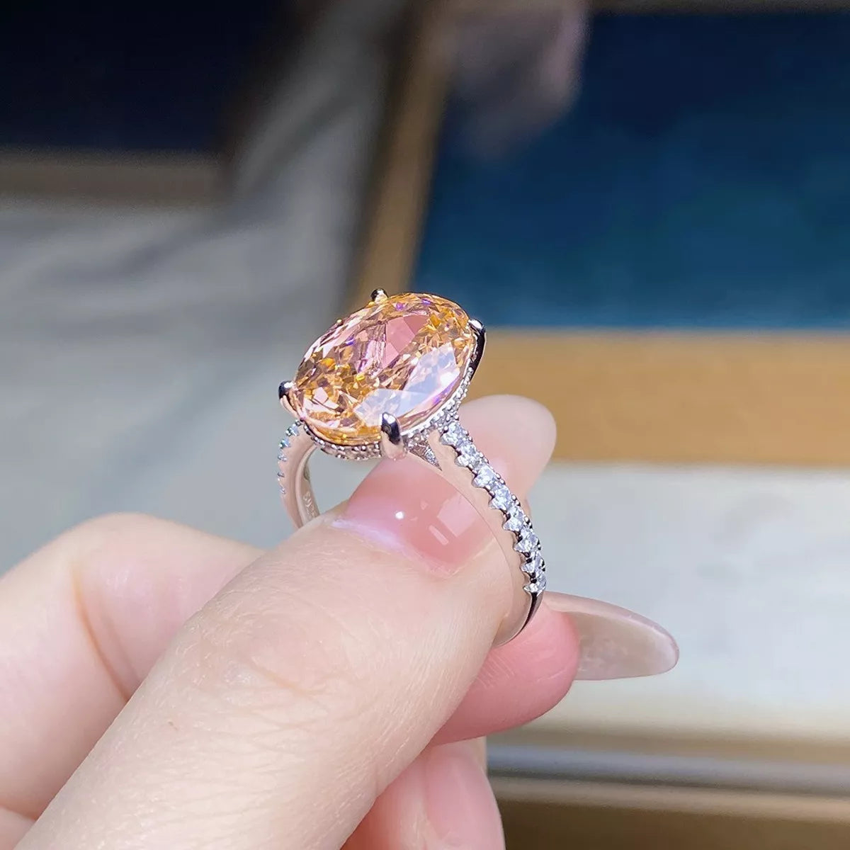 Sterling Silver Zircon Oval Ring in Watermelon pink - women's ring