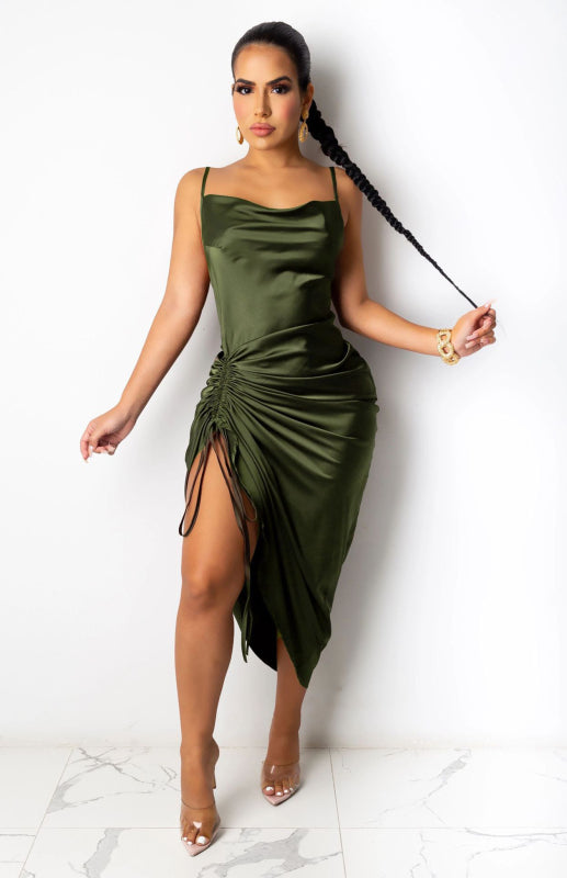 Cowlneck Side-Slit Slip Dress