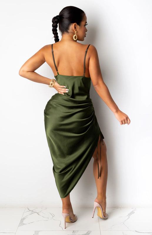 Cowlneck Side-Slit Slip Dress