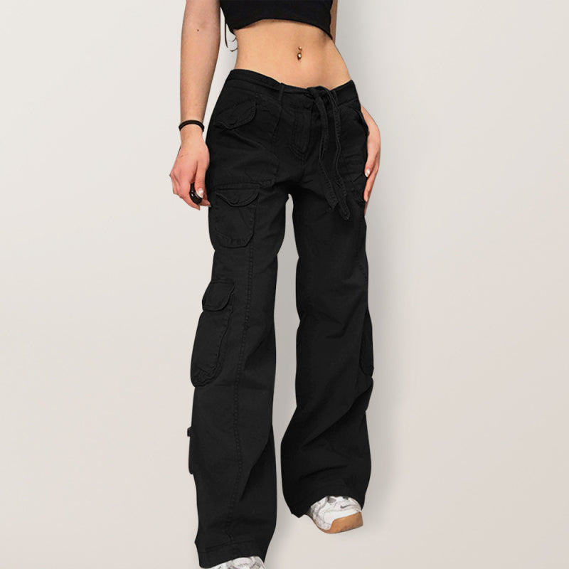 Tie-Waist Cargo Denim Pants