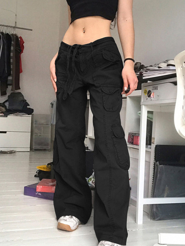 Tie-Waist Cargo Denim Pants