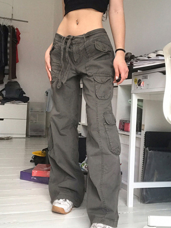 Tie-Waist Cargo Denim Pants