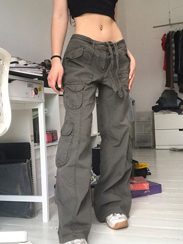 Tie-Waist Cargo Denim Pants