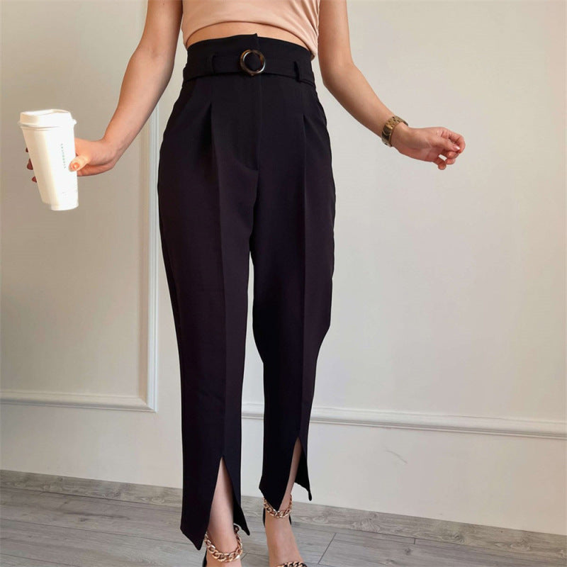 Belted Front Slit Ankle Pants