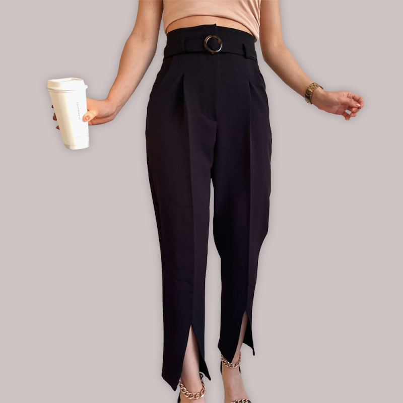 Belted Front Slit Ankle Pants