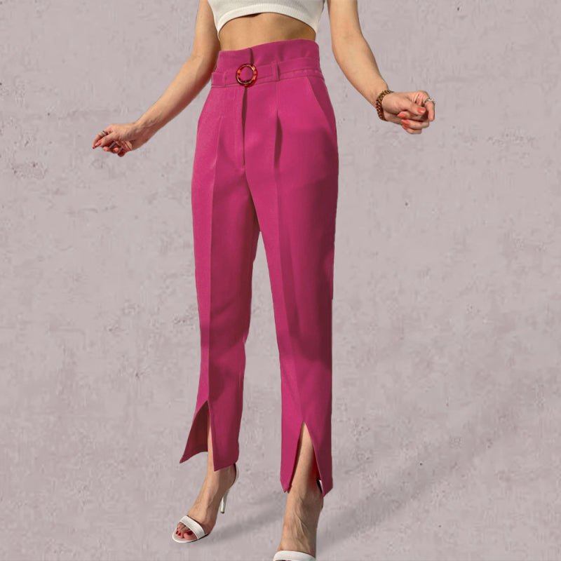 Belted Front Slit Ankle Pants