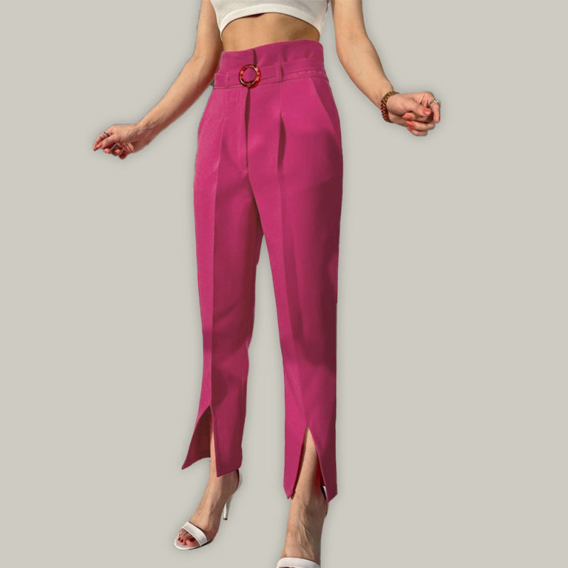 Belted Front Slit Ankle Pants