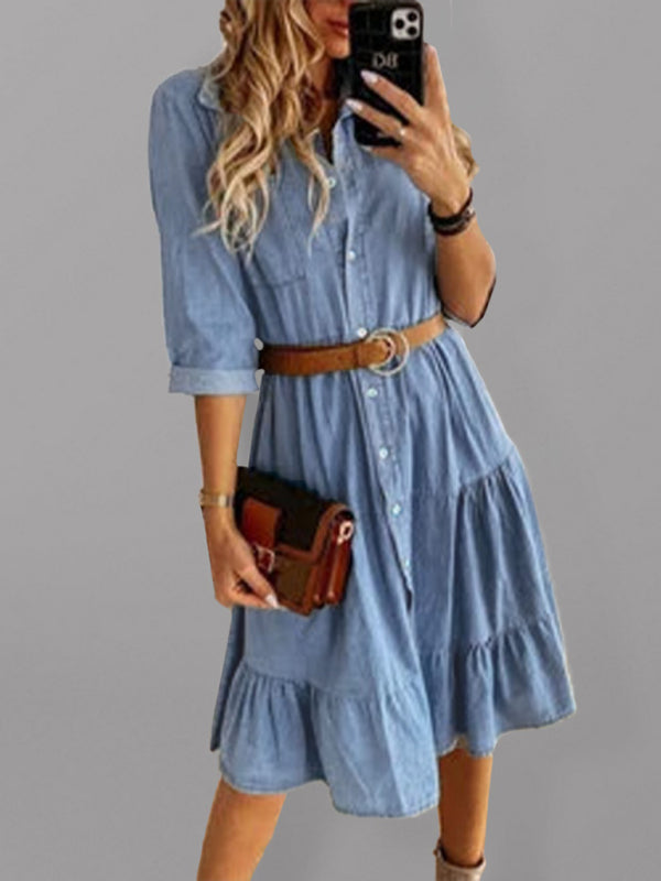 Belted Denim Tiered Dress