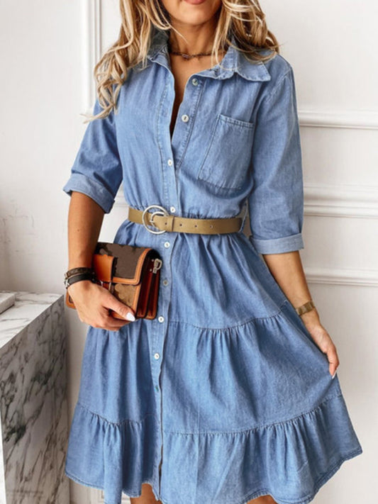 Belted Denim Tiered Dress