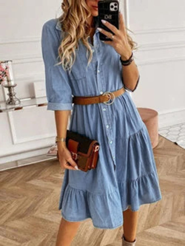 Belted Denim Tiered Dress