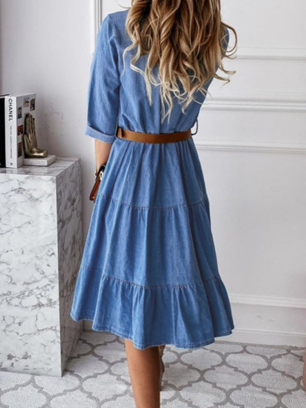 Belted Denim Tiered Dress