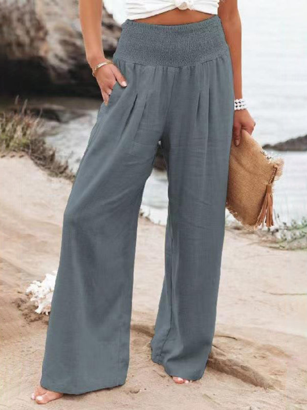 Smocked Cotton Wide-Leg Pants