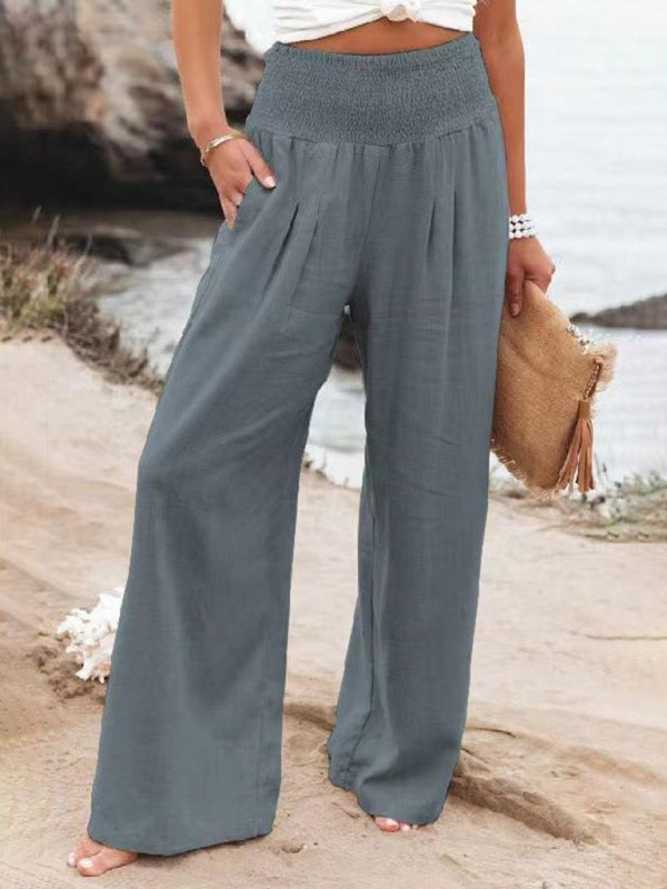 Smocked Cotton Wide-Leg Pants