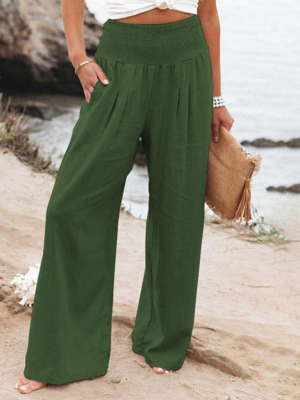 Smocked Cotton Wide-Leg Pants