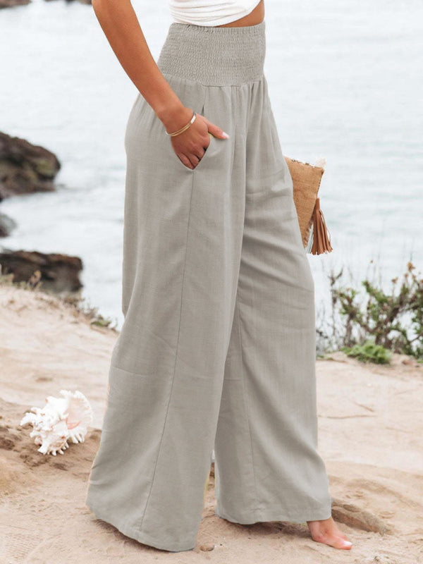 Smocked Cotton Wide-Leg Pants